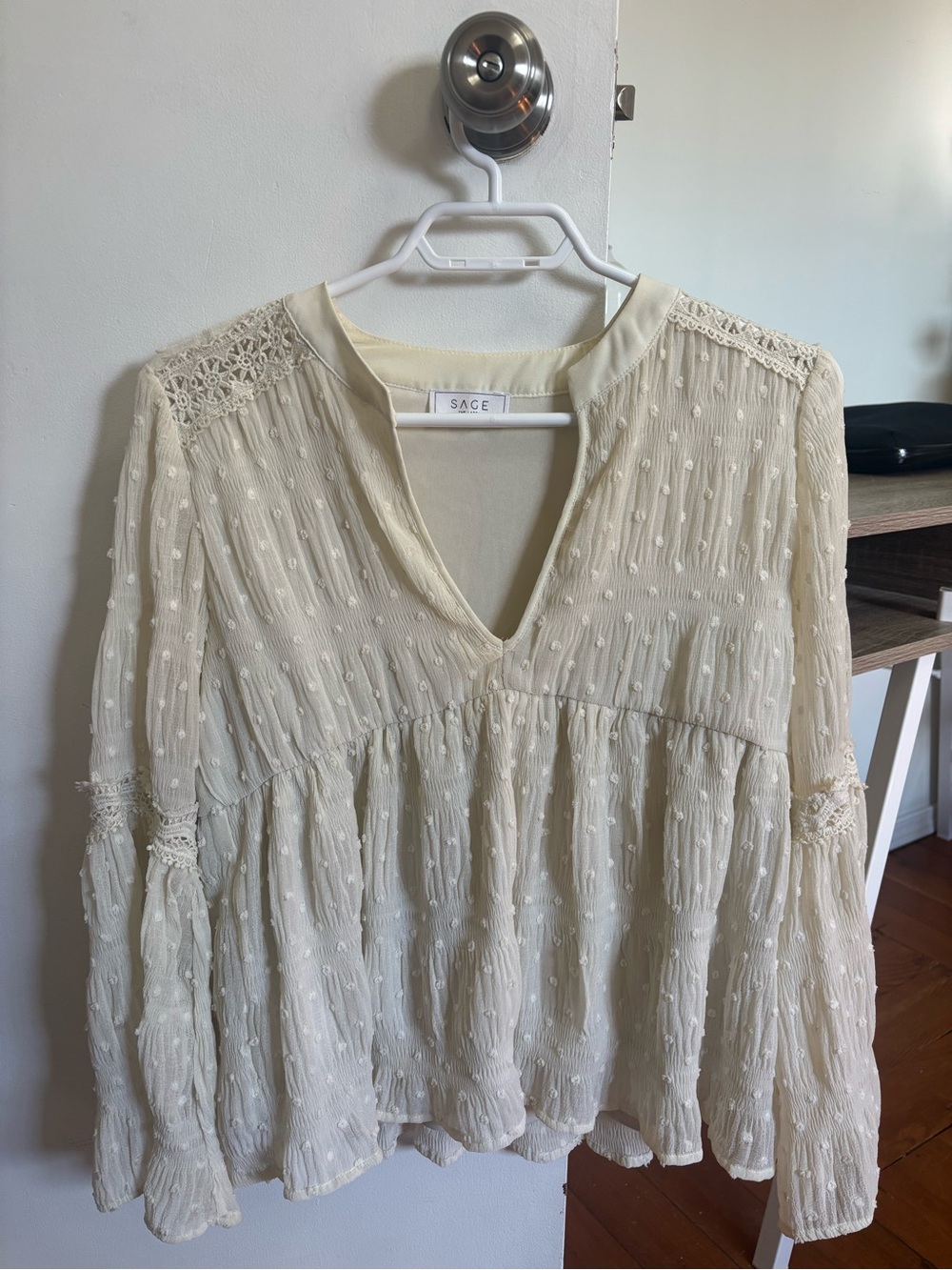 Sage Cream Textured Peasant Top